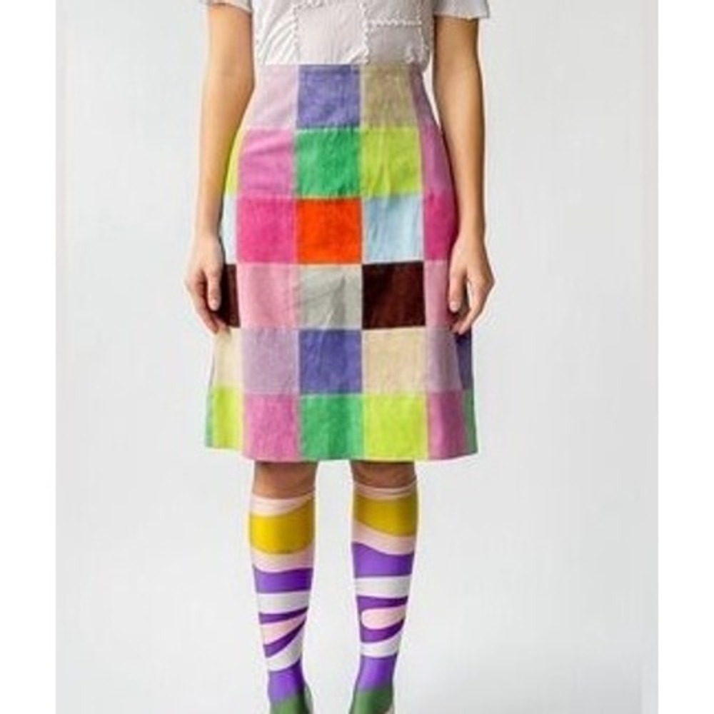 Isaac Mizrahi Patchwork Suede Line Skirt Womens 10 Multicolor Retro 70s Grunge